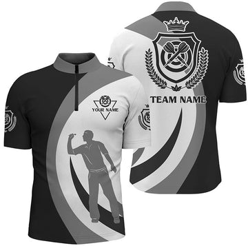 Custom Personalized Black Grey Crown Emblem Custom Darts Quarter Zip Shirt Cool Mens Dart Jersey