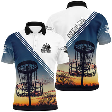 FUNSTUFFPRINT Sunset Personalized Disc Golf Mens Polo Shirt Custom Disc Golf Shirts For Men Disc Golf Polo Shirt Size S-5XL