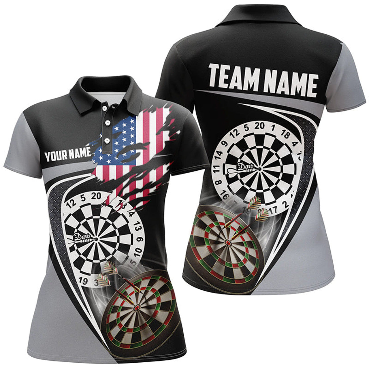 Custom Black Grey American Flag Womens Darts Polo Shirt Custom Patriotic Dart Jerseys For Women