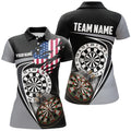 Custom Black Grey American Flag Womens Darts Polo Shirt Custom Patriotic Dart Jerseys For Women
