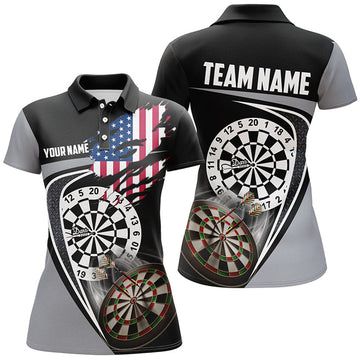 Custom Black Grey American Flag Womens Darts Polo Shirt Custom Patriotic Dart Jerseys For Women