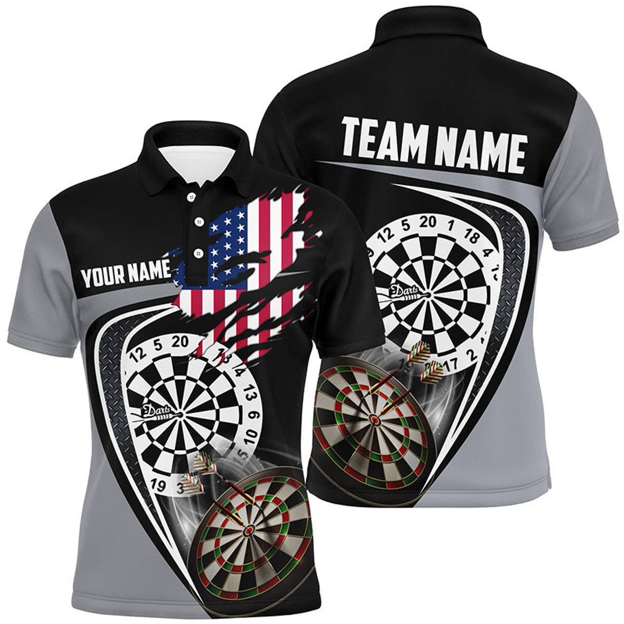 Custom Black Grey American Flag Mens Darts Polo Shirt Custom Patriotic Dart Jerseys For Men