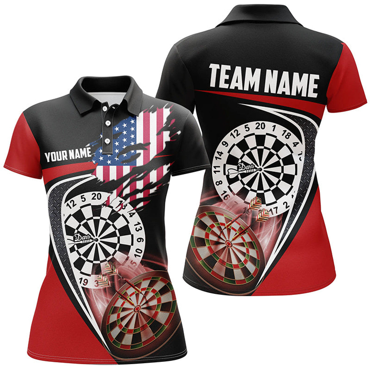CustomBlack Red American Flag Womens Darts Polo Shirt Custom Patriotic Dart Jerseys For Women