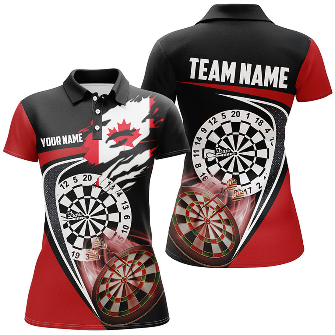 Custom Black Red Canadian Flag Womens Darts Polo Shirt Custom Patriotic Dart Jerseys For Women