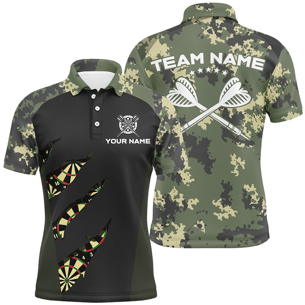 Custom Green Camo Darts Men Polo Shirt Custom Camouflage Darts Shirt For Men Darts Team Jersey