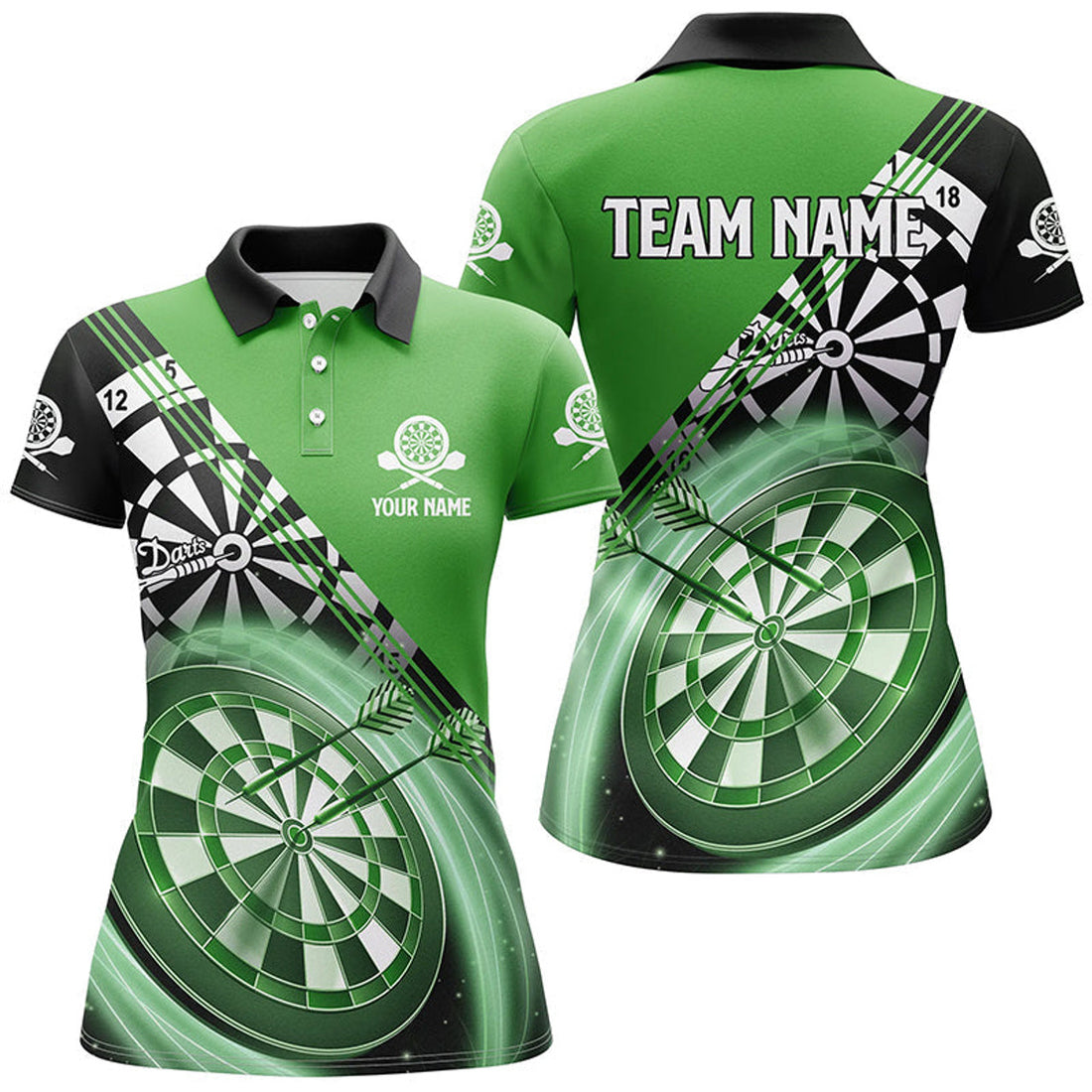 Custom Personalized Black Green Womens Darts Polo Shirt Custom Darts Shirt For Women Dart Jerseys