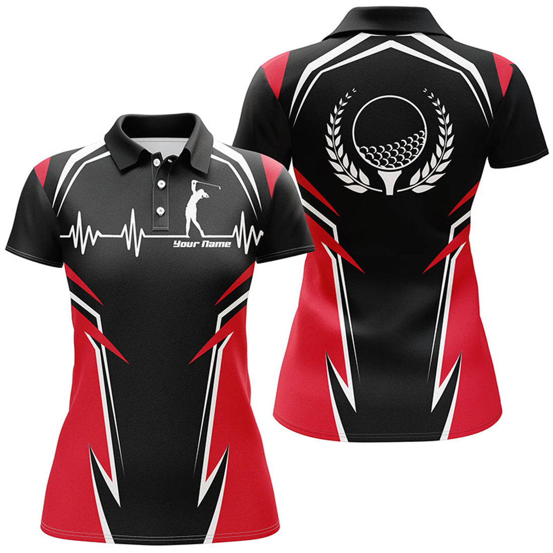 Custom Black Red Womens Golf Polo Shirts, Personalized Heartbeat Golf Shirts For Women, Golf Gifts