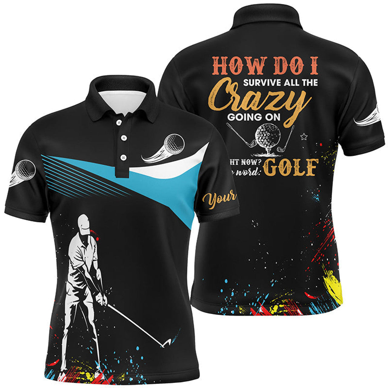 Custom Water Color Mens Golf Polo Shirts, Personalized Colorful Golf Shirts For Men, Cool Golf Gifts