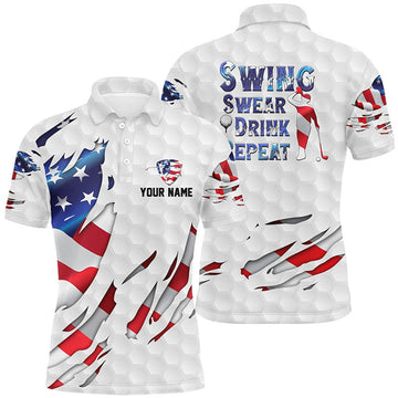 FUNSTUFFPRINT Swing Swear Drink Repeat American Flag Mens Golf Polo Shirt Custom Polo Shirt Size S-5XL