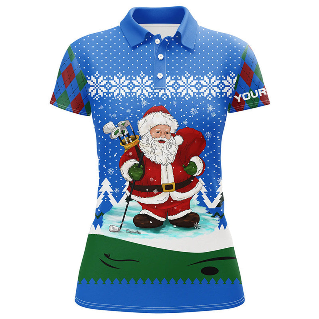 Custom Golf Santa Argyle Pattern Blue Christmas Golf Polos Custom Golf Shirts For Women Golf Gifts