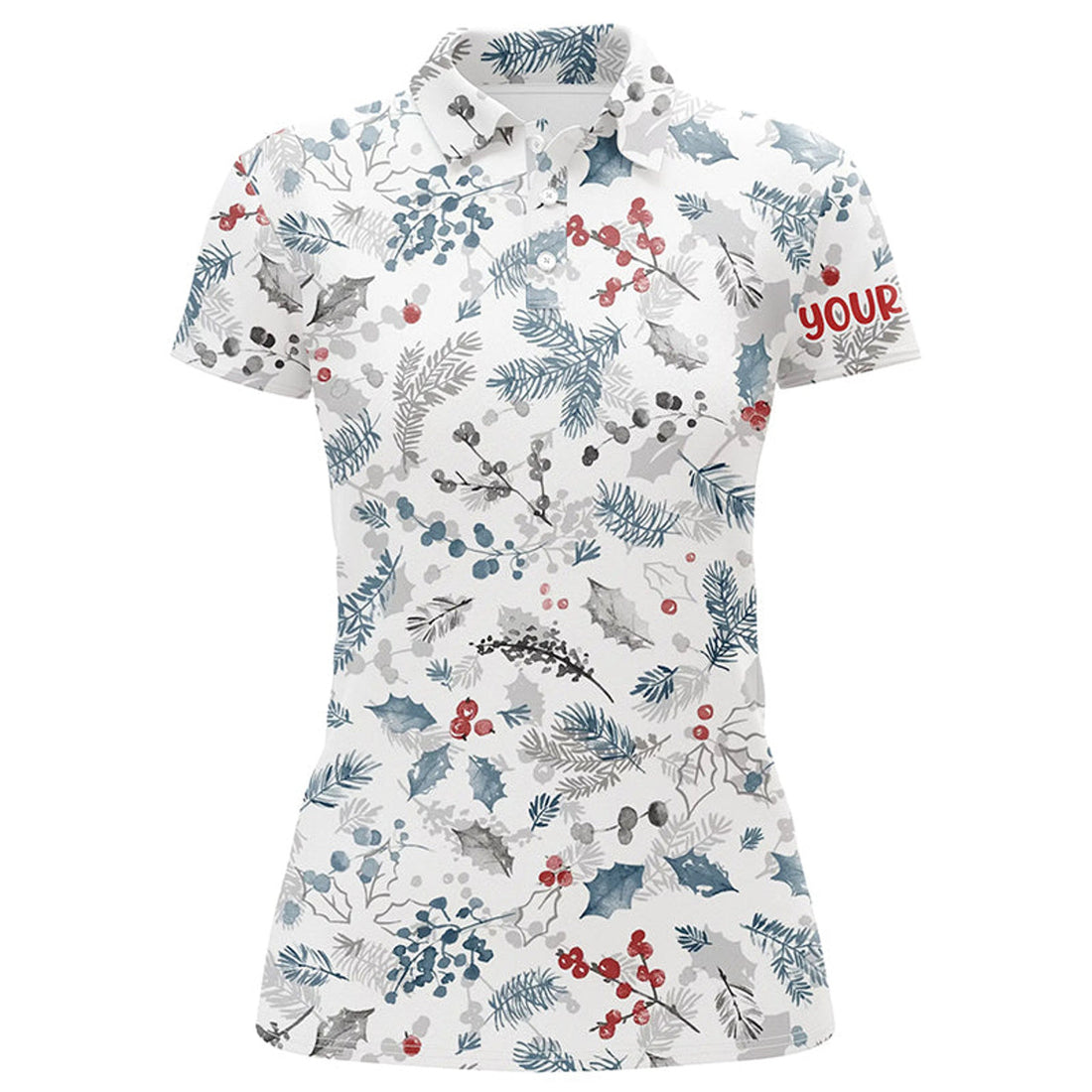 Custom Blue Winter Holly Seamless Custom Golf Polo Shirts Christmas Golf Shirts For Women Golf Gifts