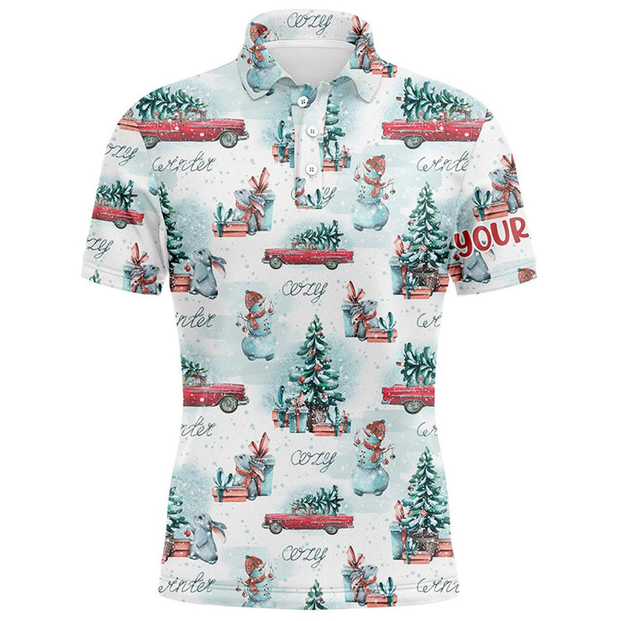 FUNSTUFFPRINT Watercolor Snowmen Christmas Trees Mens Golf Polo Shirt Custom Cozy Christmas Golf Shirts For Men Polo Shirt Size S-5XL
