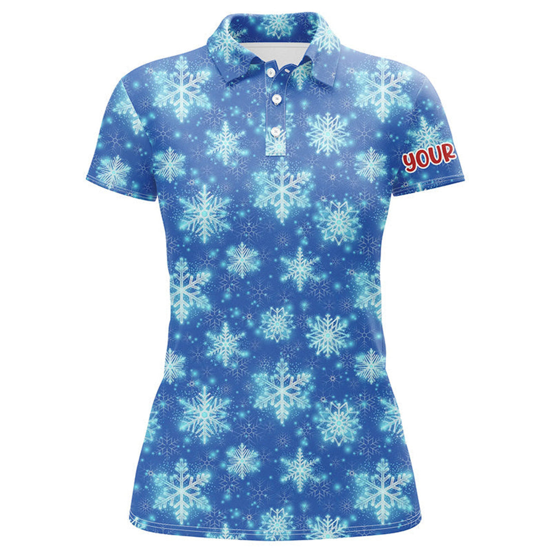 Custom Christmas Glitter With Snowflakes Blue Golf Polo Shirts Custom Christmas Golf Gifts For Women