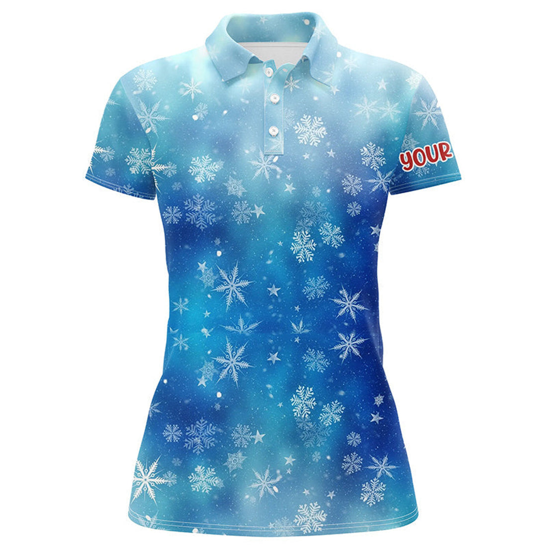 Custom Snowflakes And Blurred Lights Blue Christmas Golf Polo Shirts Custom Golf Shirts For Women