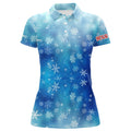 Custom Snowflakes And Blurred Lights Blue Christmas Golf Polo Shirts Custom Golf Shirts For Women