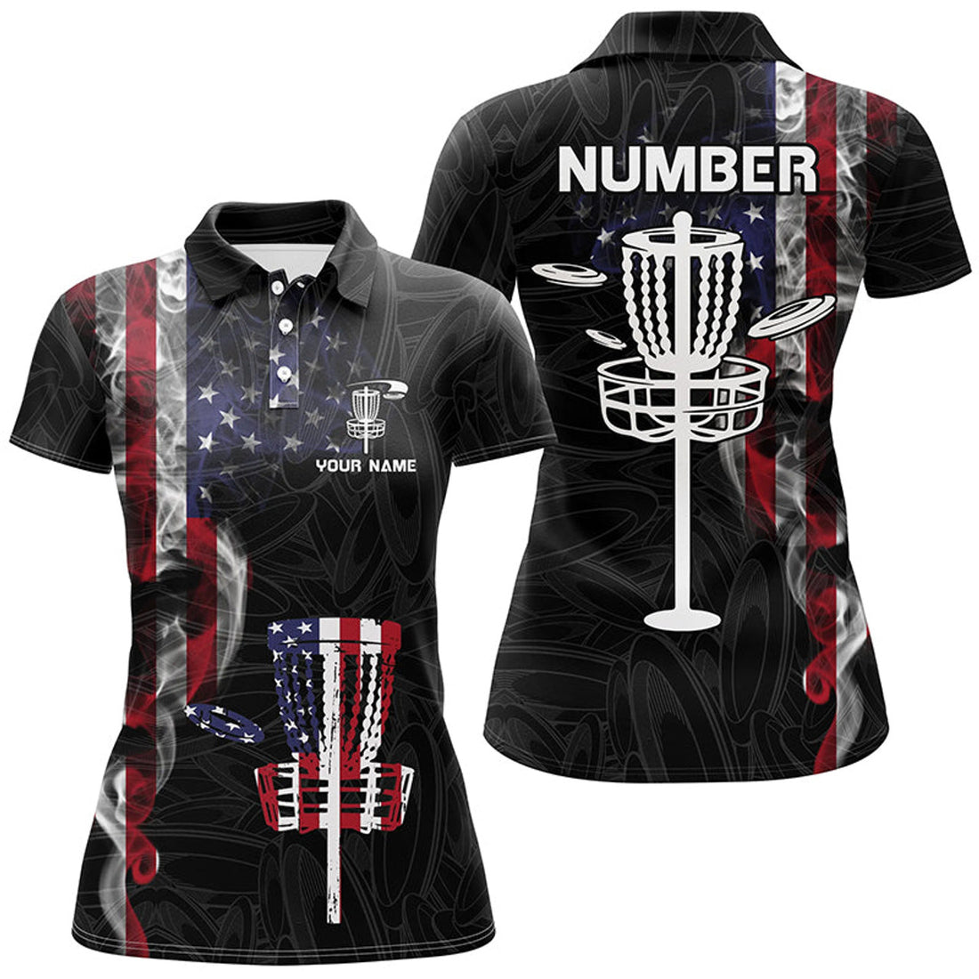 Custom Smoky American Flag Womens Disc Golf Shirt Custom Patriotic Disc Golf Tops For Women Disc Golf Basket