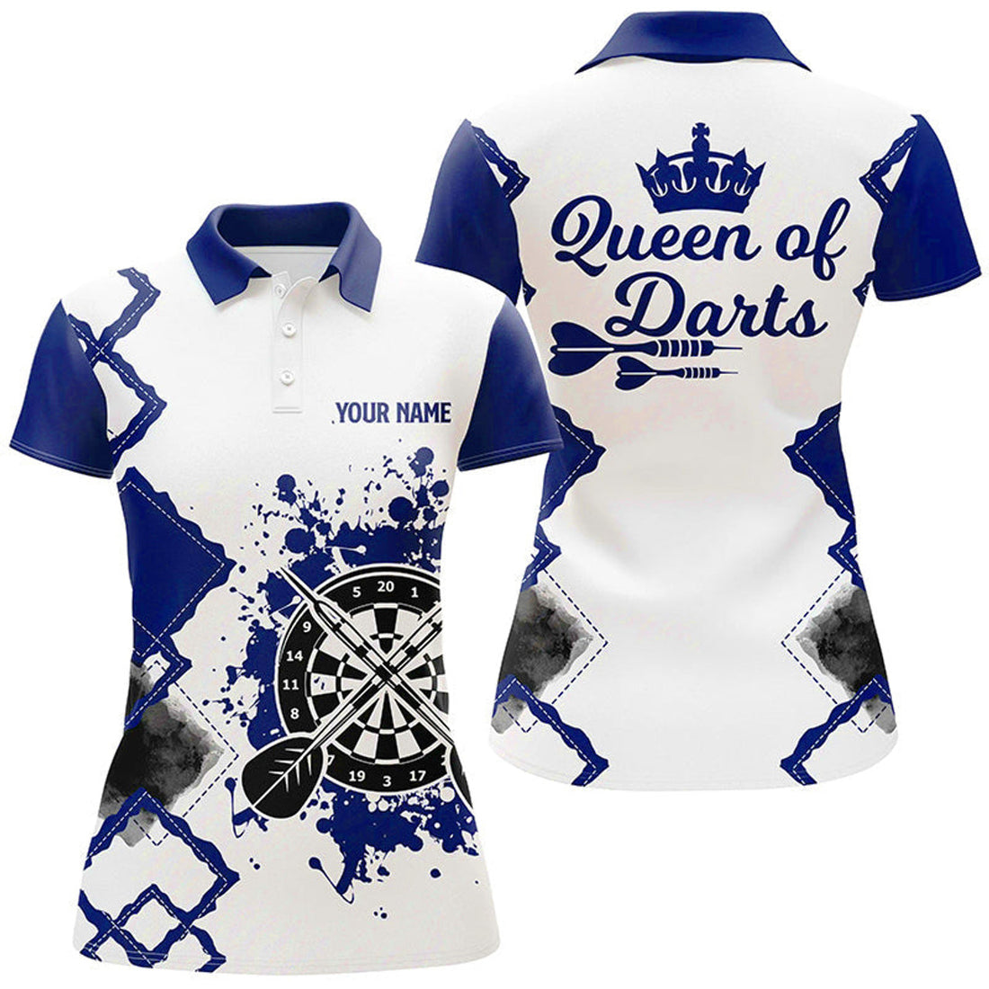 Custom Queen Of Darts Blue White Womens Darts Polo Shirt Customized Darts Jersey For Women
