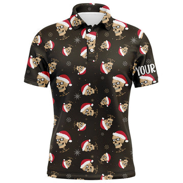 FUNSTUFFPRINT Santa Skull Golf Mens Polo Shirts Custom Name Christmas Golf Shirts For Men Funny Golf Polo Shirt Size S-5XL