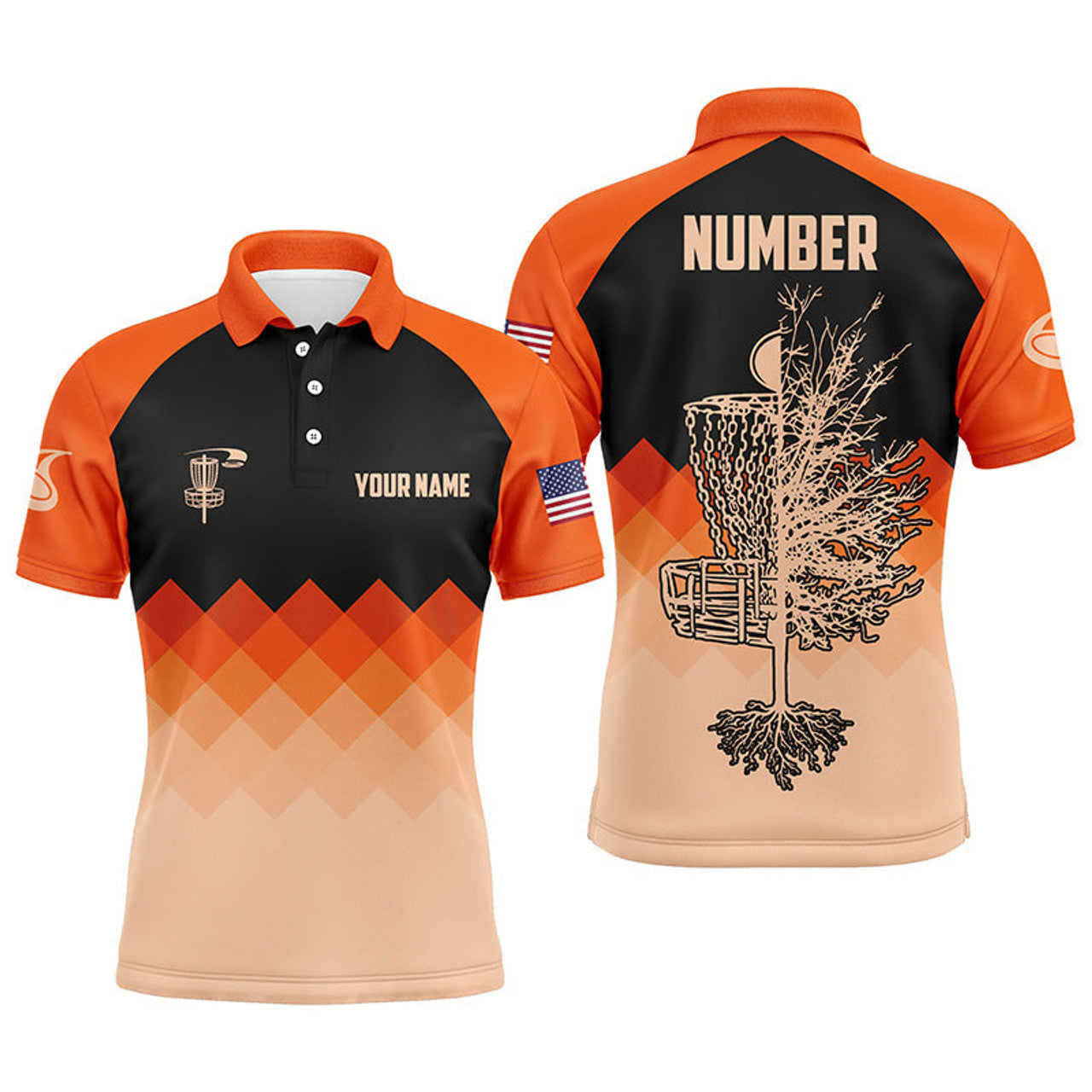Custom Orange Geometric Pattern Mens Disc Golf Polo Shirt Customized Disc Golf Shirts For Men
