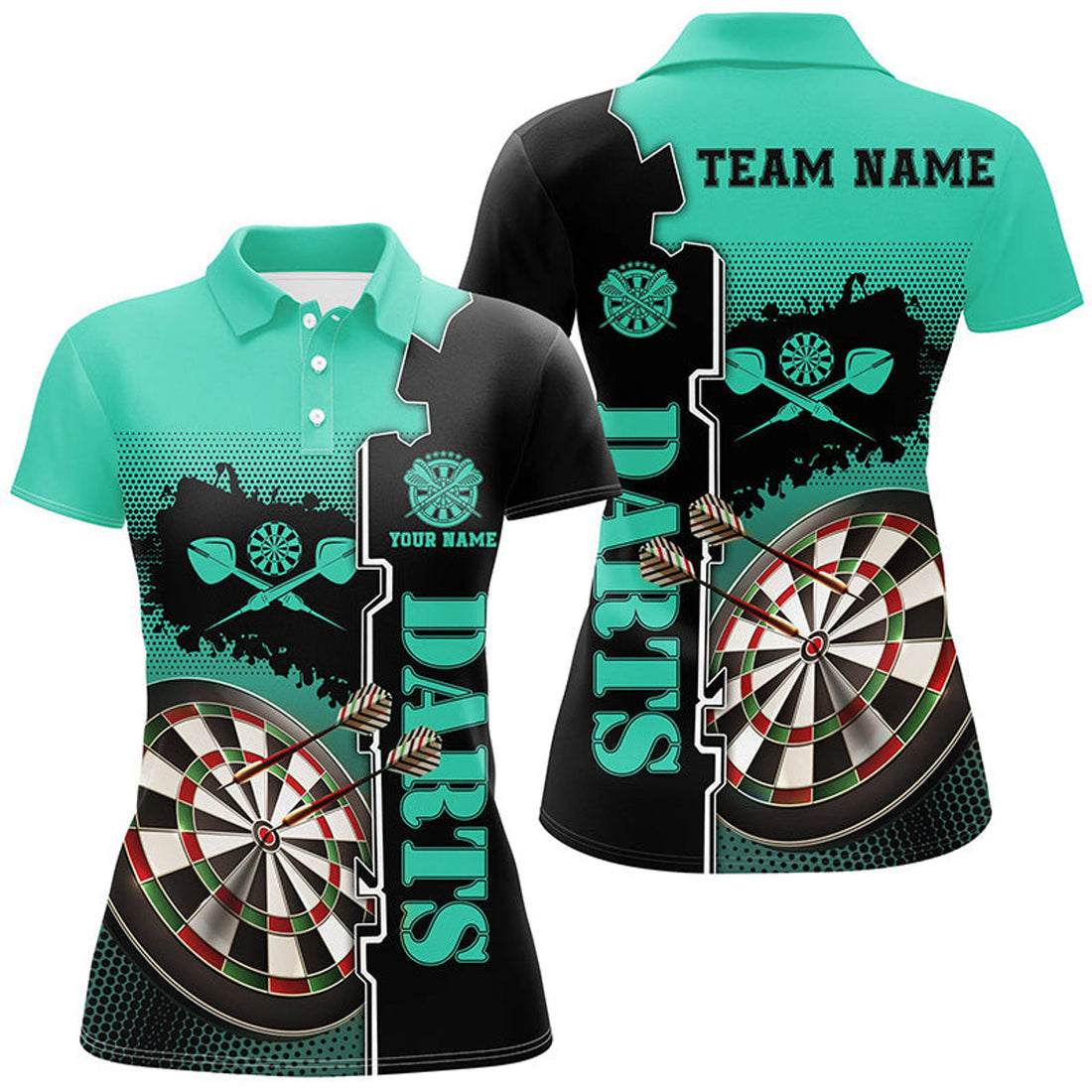 Custom Personalized Turquoise Black Darts Polo Shirt Custom Darts Shirt For Women Dart Jerseys