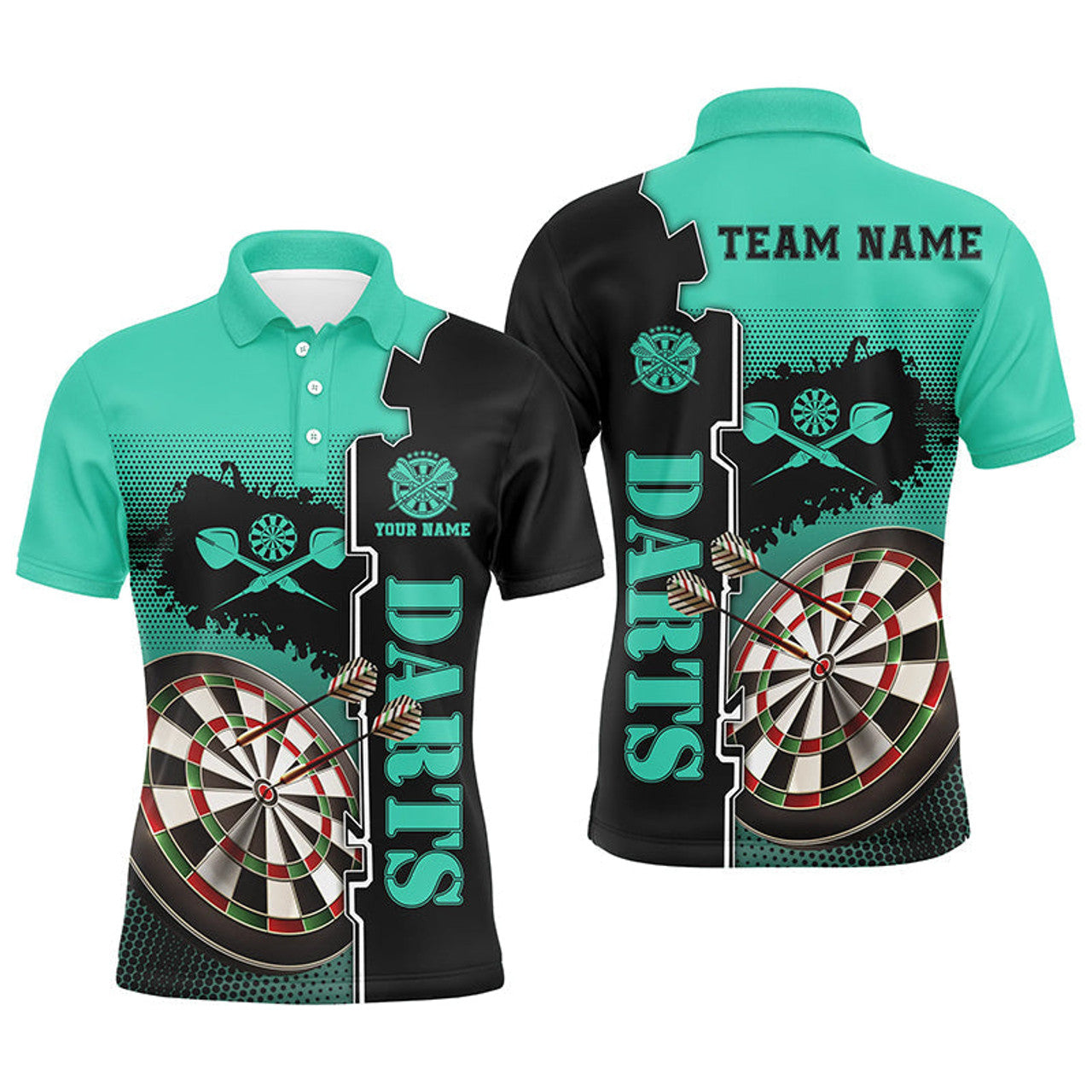 Personalized Turquoise Black Mens Darts Polo Shirt Custom Darts Shirt For Men Dart Jerseys
