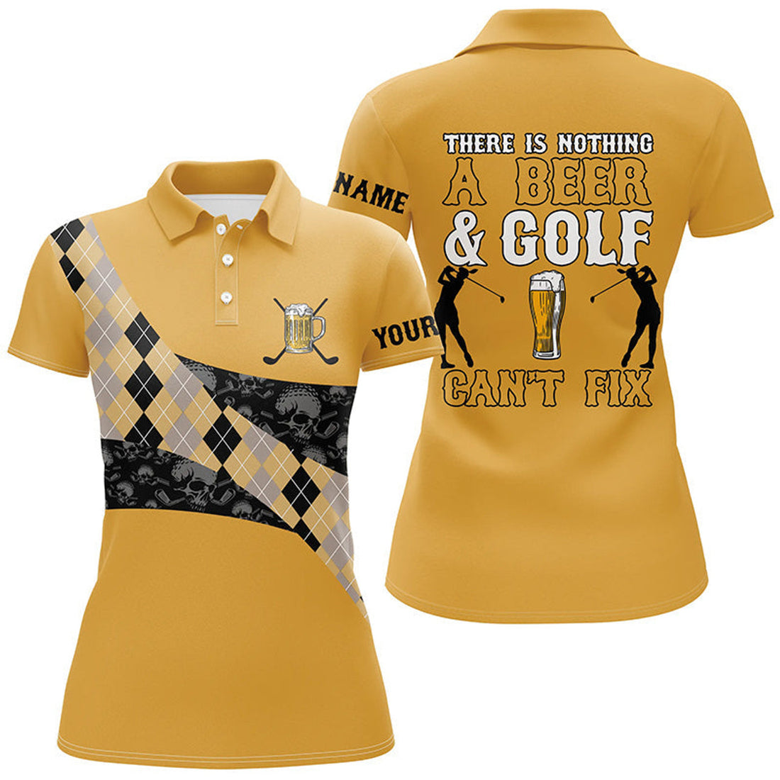 Custom There Is Nothing A Beer & Golf Can't Fix Polo Shirt Yellow Argyle Skull Golf Shirts For Women