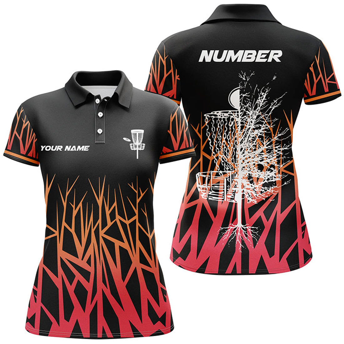 Custom Personalized Disc Golf Basket Tree Red Gradient Womens Polo Shirt Disc Golf Shirts For Women