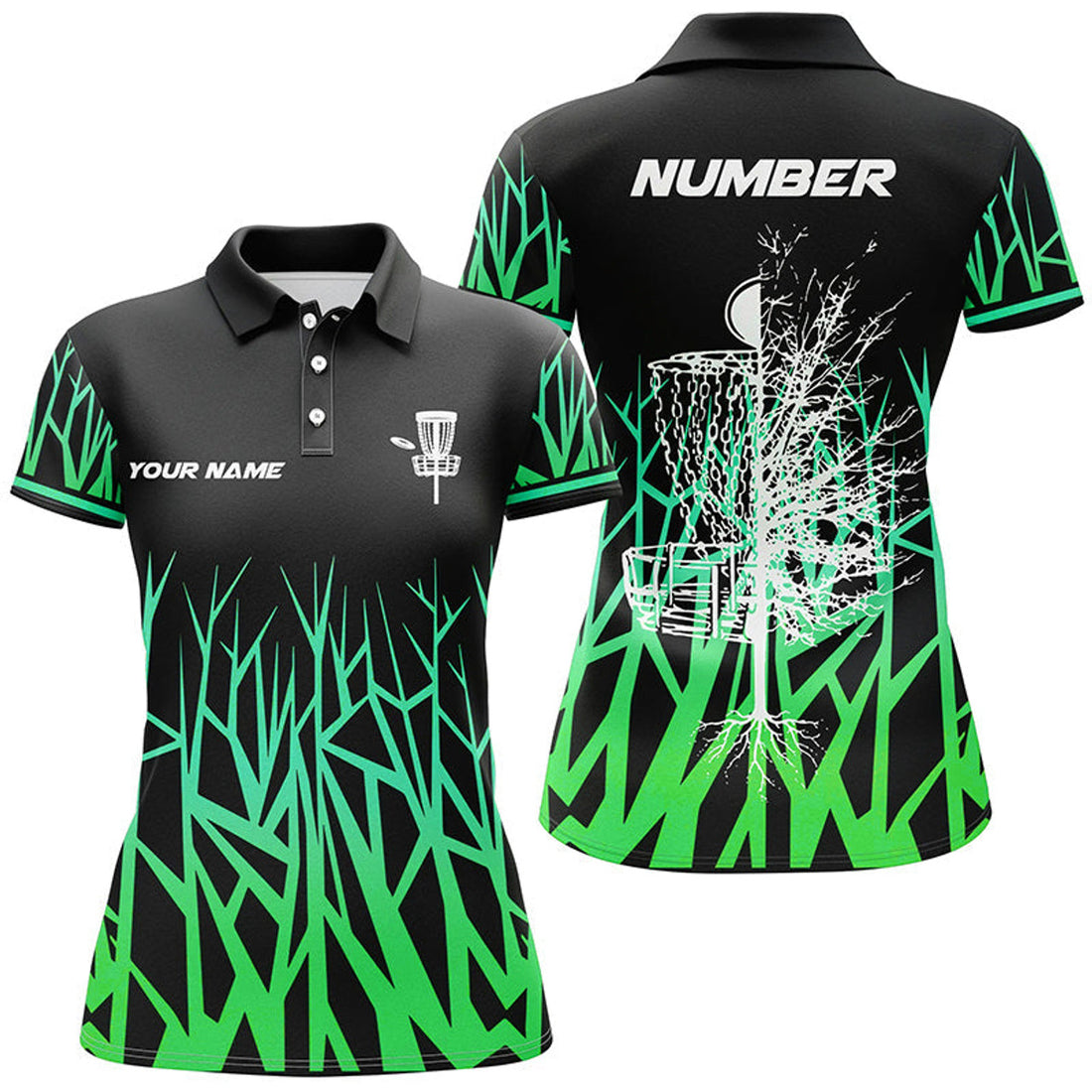 Custom Personalized Disc Golf Basket Tree Green Gradient Women Polo Shirt Disc Golf Shirts For Women