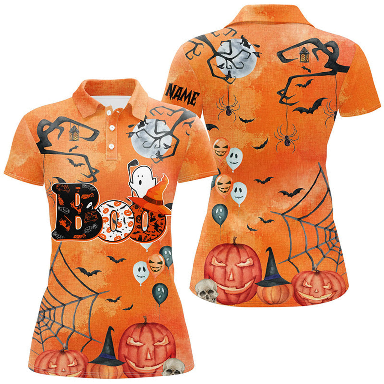Custom Boo Halloween Seamless Orange Golf Polo Shirt Custom Funny Golf Shirts For Women Golf Gifts
