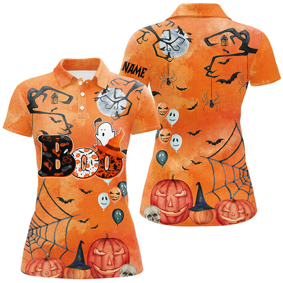 Custom Boo Halloween Seamless Orange Golf Polo Shirt Custom Funny Golf Shirts For Women Golf Gifts