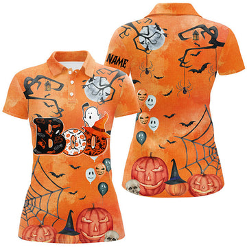 Custom Boo Halloween Seamless Orange Golf Polo Shirt Custom Funny Golf Shirts For Women Golf Gifts