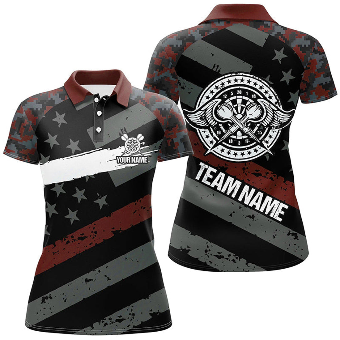 Custom Red Camo Retro American Flag Patriotic Darts Womens Polo Shirt Women Darts Jersey
