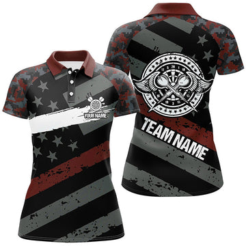 Custom Red Camo Retro American Flag Patriotic Darts Womens Polo Shirt Women Darts Jersey