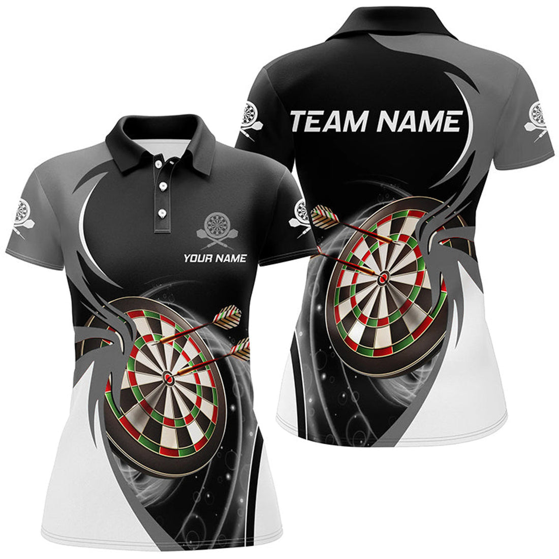 Custom Personalized Grey Black Womens Darts Polo Shirt Custom Darts Shirt For Women Dart Jerseys
