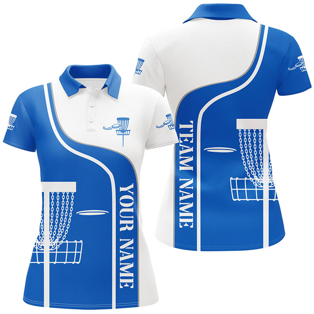 Custom Personalized Disc Golf Basket Blue White Womens Polo Shirt Custom Disc Golf Shirts For Women