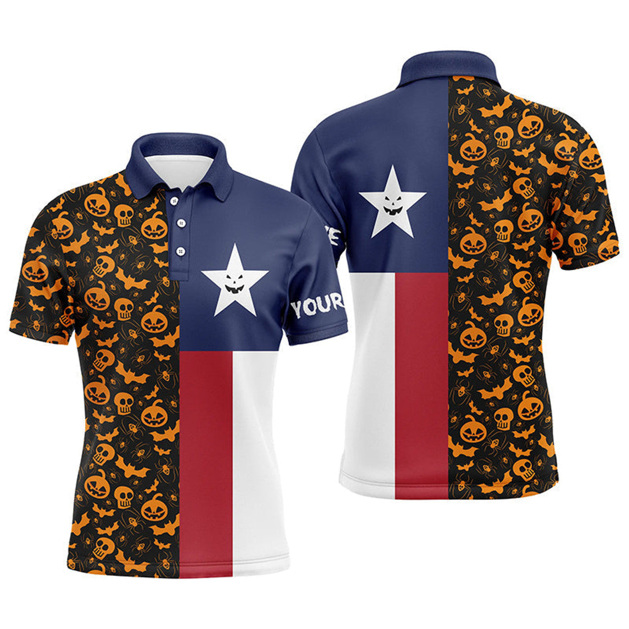 FUNSTUFFPRINT Halloween Texas Flag Mens Golf Polo Shirt, Funny Texas Shirt For Halloween Polo Shirt Size S-5XL