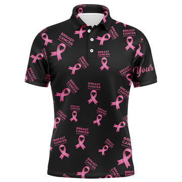 FUNSTUFFPRINT Custom Name Cancer Awareness Pink Ribbon Mens Golf Polo Shirt Size S-5XL