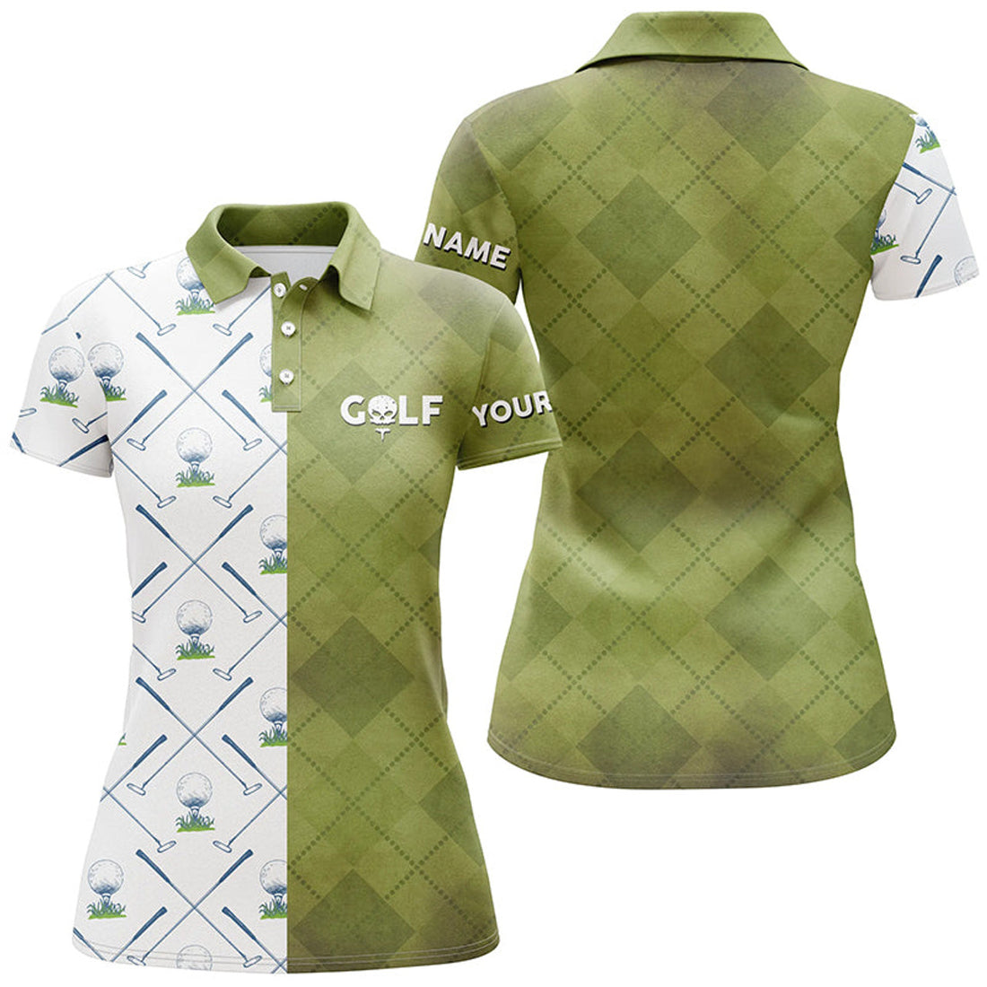 Customized Green And White Golf Polo Shirt Golf Club Argyle Skull Golf Shirts For Women
