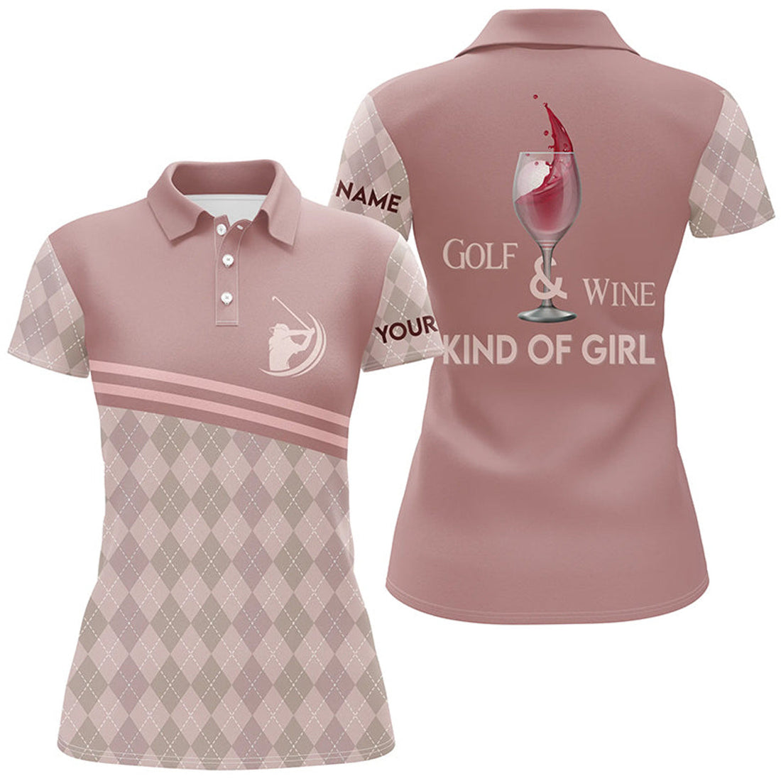 Custom Golf Wine Kind Of Girl Womens Polo Shirt Pink Argyle Wine Golf Shirts Golf Gifts For Ladies
