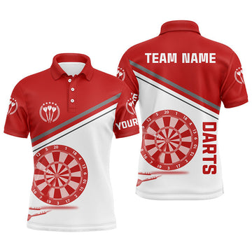Custom Red White Mens Darts Polo Shirt With Name Customized Darts Shirts For Men Dart Jerseys