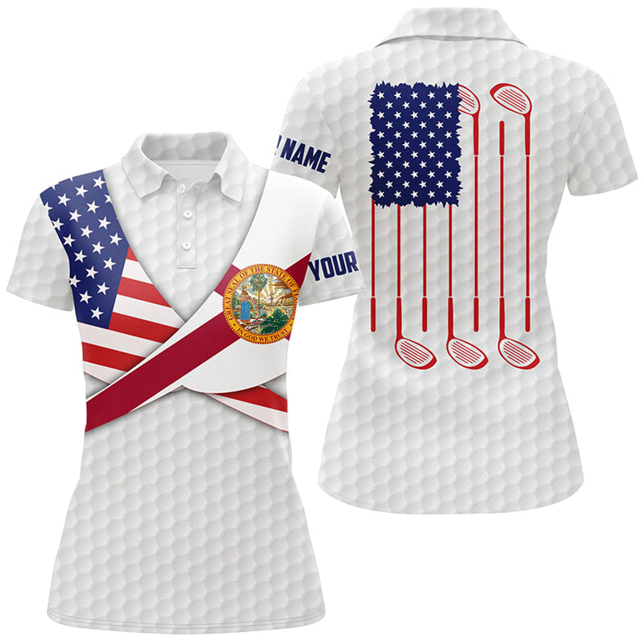 Custom Florida Flag White Golf Pattern Womens Polo Shirt Patriotic Golf Shirts For Women Golf Gifts