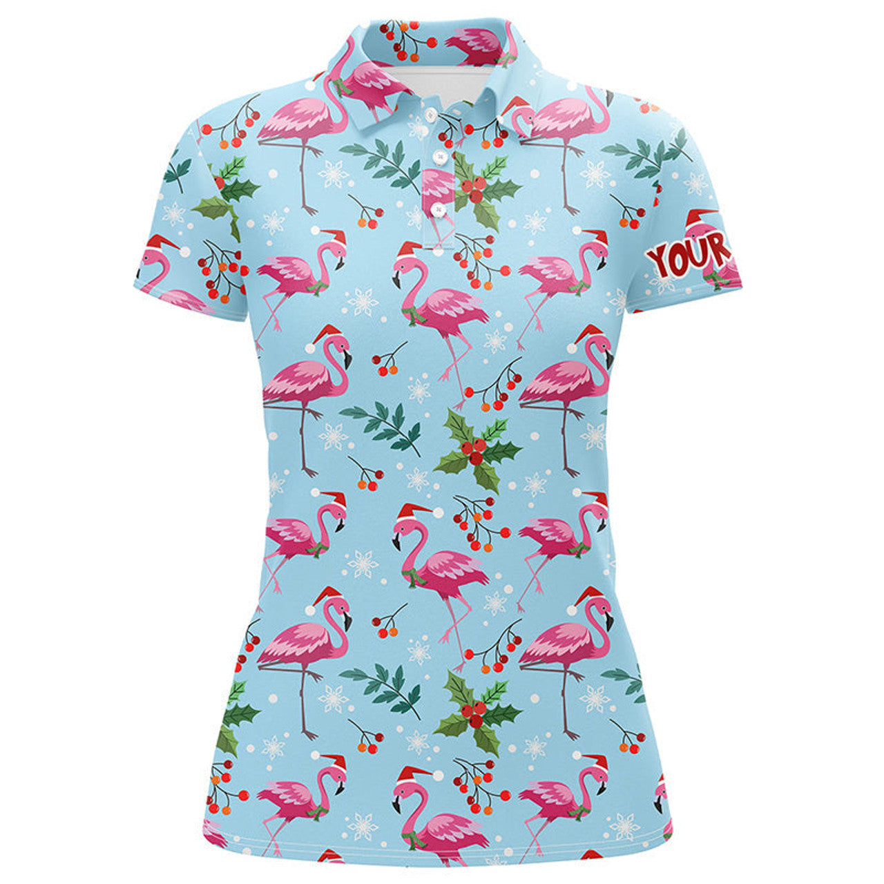Custom Christmas Flamingo Blue Tropical Womens Golf Polo Shirt Best Xmas Golf Gift Idea For Women