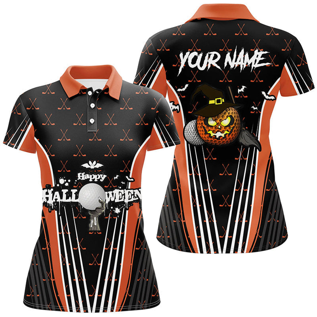 Custom Happy Halloween Golf Polo Shirts Custom Orange Black Golf Shirts For Women, Crazy Golf Gifts