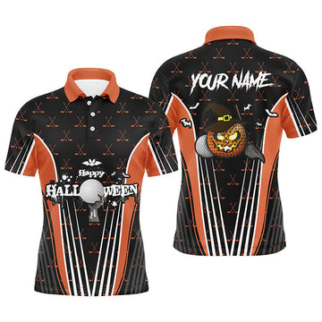 Custom Happy Halloween Mens Golf Polo Shirts Custom Orange Black Golf Shirts For Men, Crazy Golf Gifts