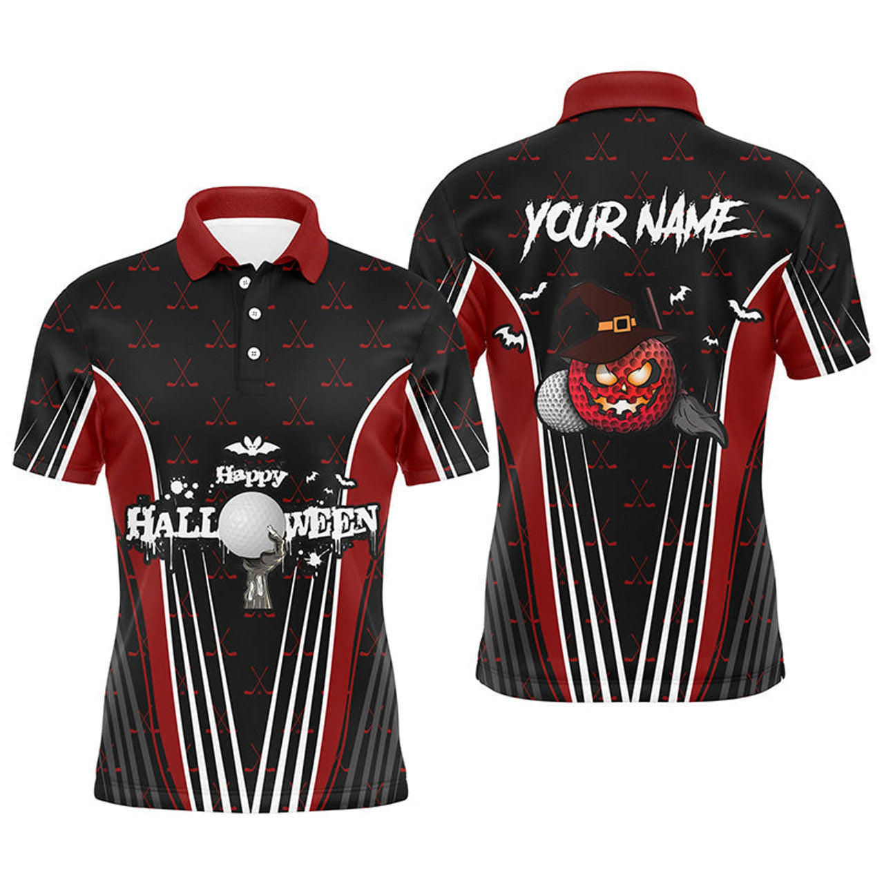 Custom Happy Halloween Mens Golf Polo Shirts Custom Red Black Golf Shirts For Men, Crazy Golf Gifts