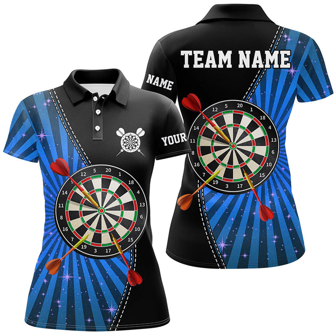Custom Black Blue Halo Womens Darts Polo Shirt Custom Cool Darts Shirt For Women Dart Jerseys