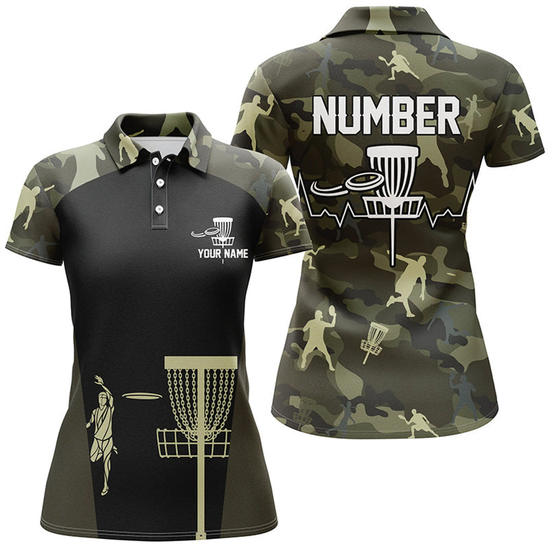 Custom Green Camo Womens Disc Golf Polo Shirts, Custom Camouflage Golf Shirts For Women, Disc Golf Gifts