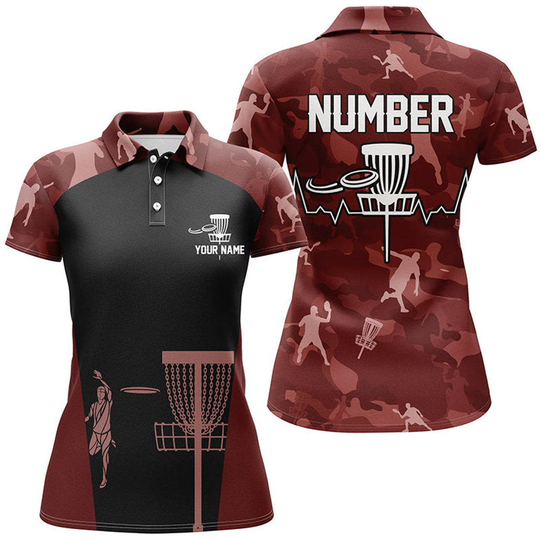 Custom Red Camo Womens Disc Golf Polo Shirts, Custom Camouflage Golf Shirts For Women, Disc Golf Gifts