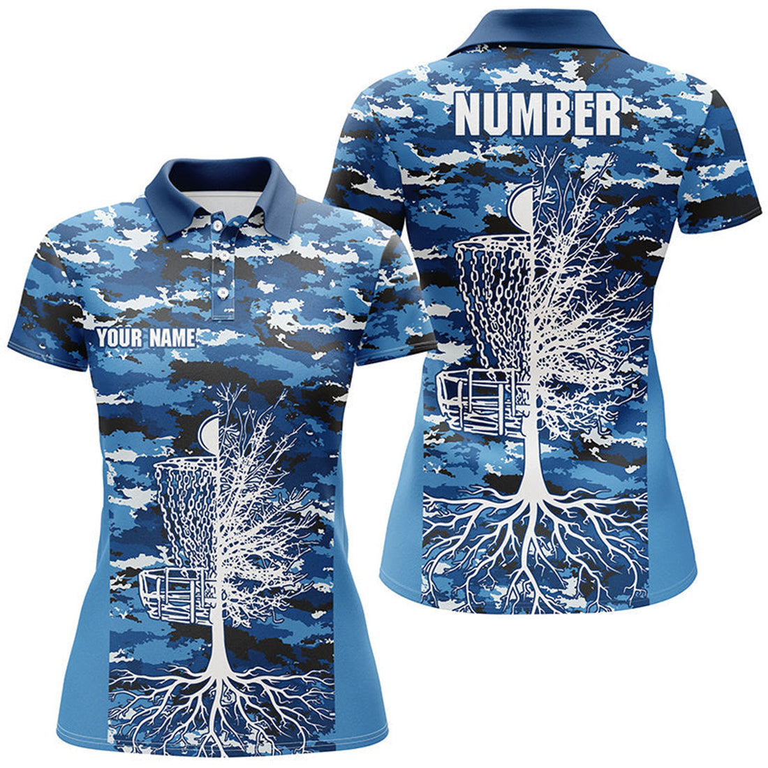 Custom Blue Camo Womens Disc Golf Polo Shirts, Custom Camouflage Golf Shirts For Women, Disc Golf Gifts