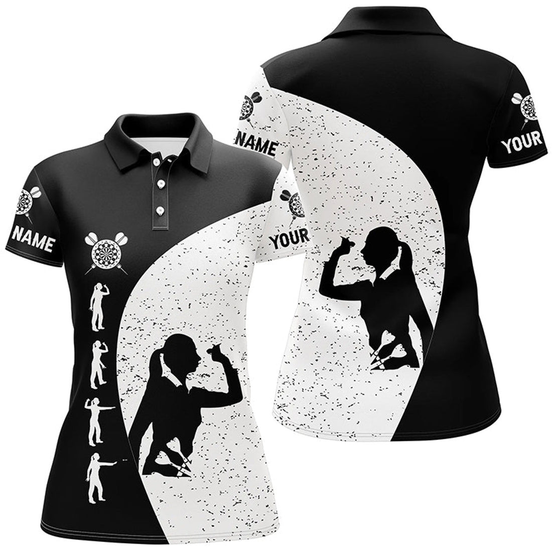 Custom Womens Black White Grunge Darts Polo Shirt Personalized Darts Jersey For Women